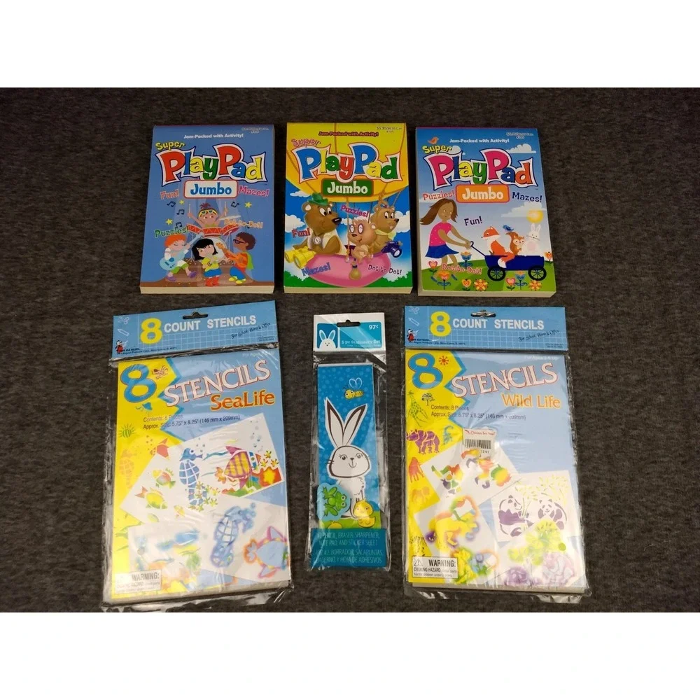Super Playpad Jumbo Activity Games Books Lot + Stencils, Sticker Notepad Eraser‎